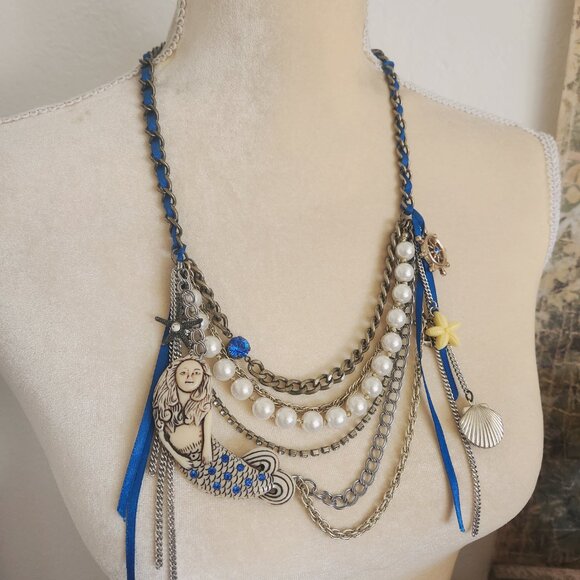 Vintage Betsey Johnson Rare Mermaid Bling Nautical Layered Chain Charm Necklace - Picture 1 of 8